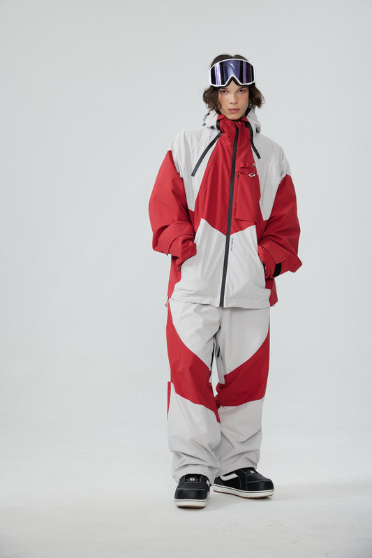 HELLYSTUDIO Grey and Red Paneling Baggy ski jacket - Unisex